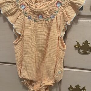 Peach Baby Romper with Embroidered Details